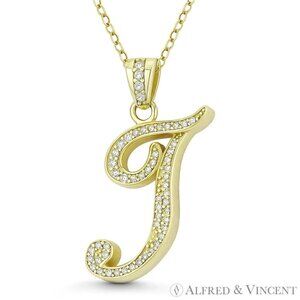 Initial Letter "T" Cursive Script CZ Crystal Pendant in .925 Sterling Silver YG